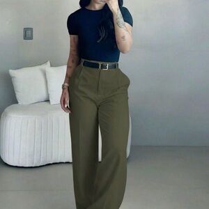 High-Waist Wide-Leg Trousers in Olive Green
